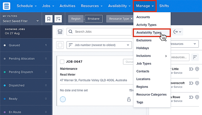 Accessing the availability types list in the data tables.