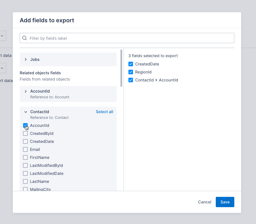 A screenshot showing the expandable sections for selecting fields to export.