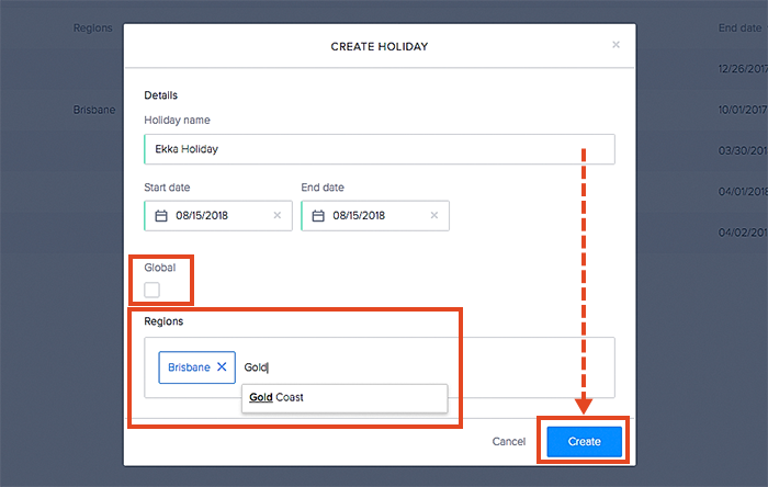 How to create a new regional holiday using the data table.