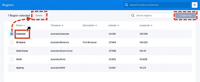 Viewing examples of regions in the data table.