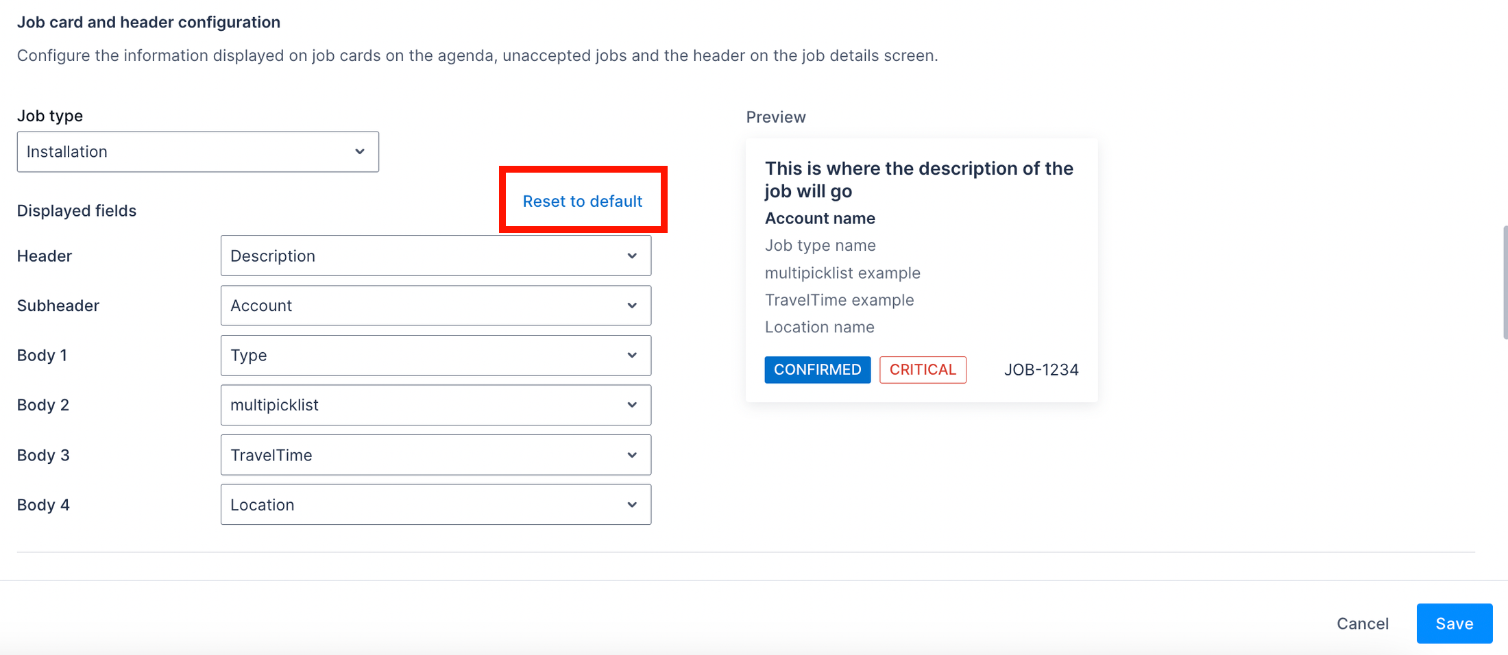 The mobile job card and header configuration settings with the reset to default option highlighted.