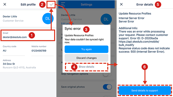 The addition of an email address in the resource&rsquo;s profile results in a sync error.