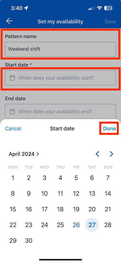 The set my availability form in the Skedulo Plus mobile app.