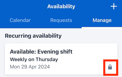 The lock icon on a recurring availability pattern card in the Skedulo Plus mobile app.