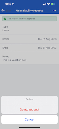 The options menu on an unavailability request showing the option to delete the time off request