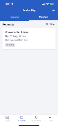 The unavailability requests filter button in the Skedulo Plus mobile app.