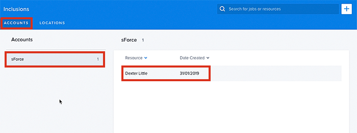 Viewing the data table for account inclusions, in Skedulo.