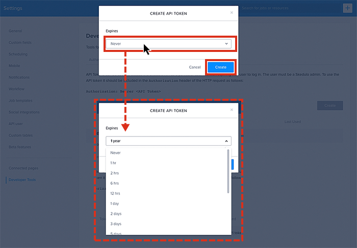 Creating an API token with expiry options.