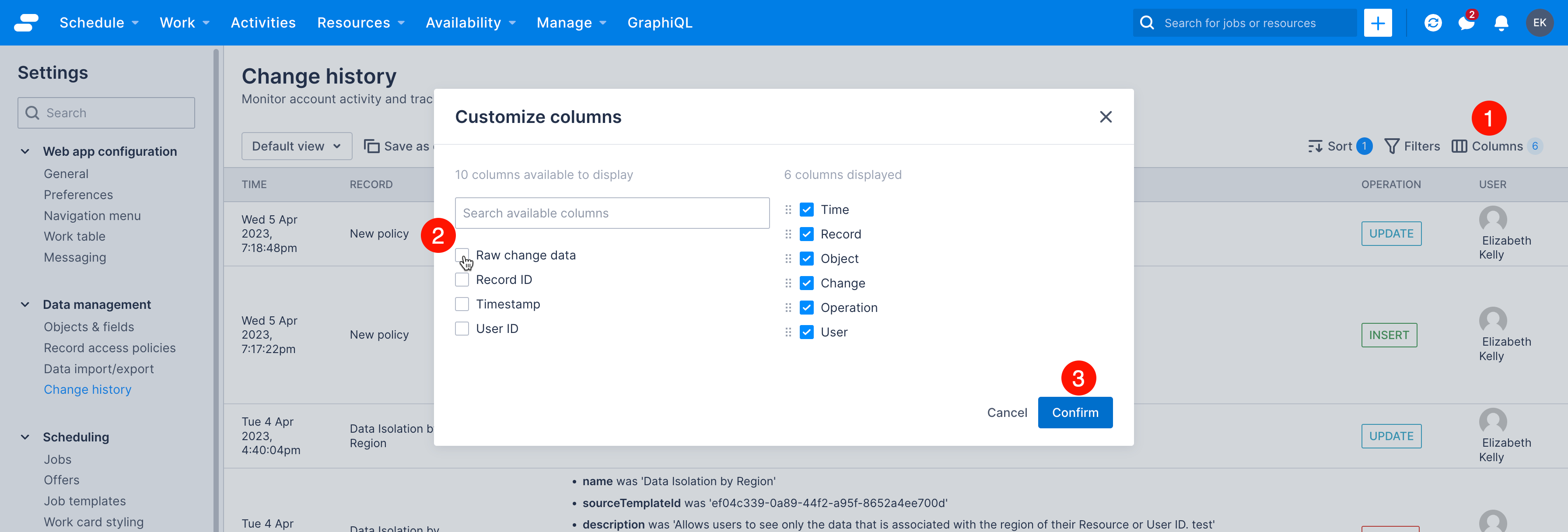 Steps for showing raw data in the change history