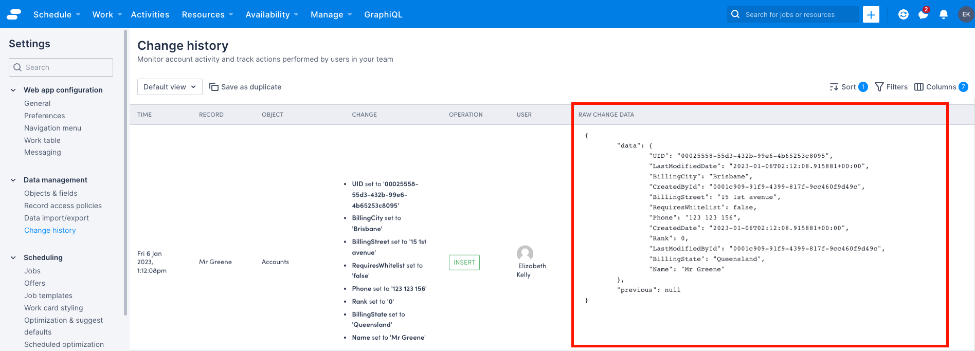 Screenshot of the job change history page with the raw data column showing