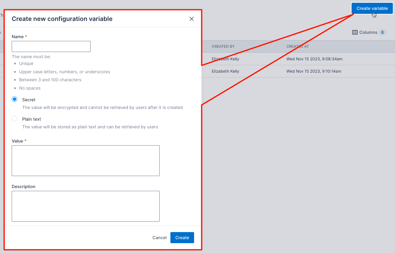 Fields to create an entry on the configuration variables list.