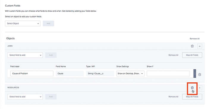 How to remove a field or an object from the Skedulo custom field settings.