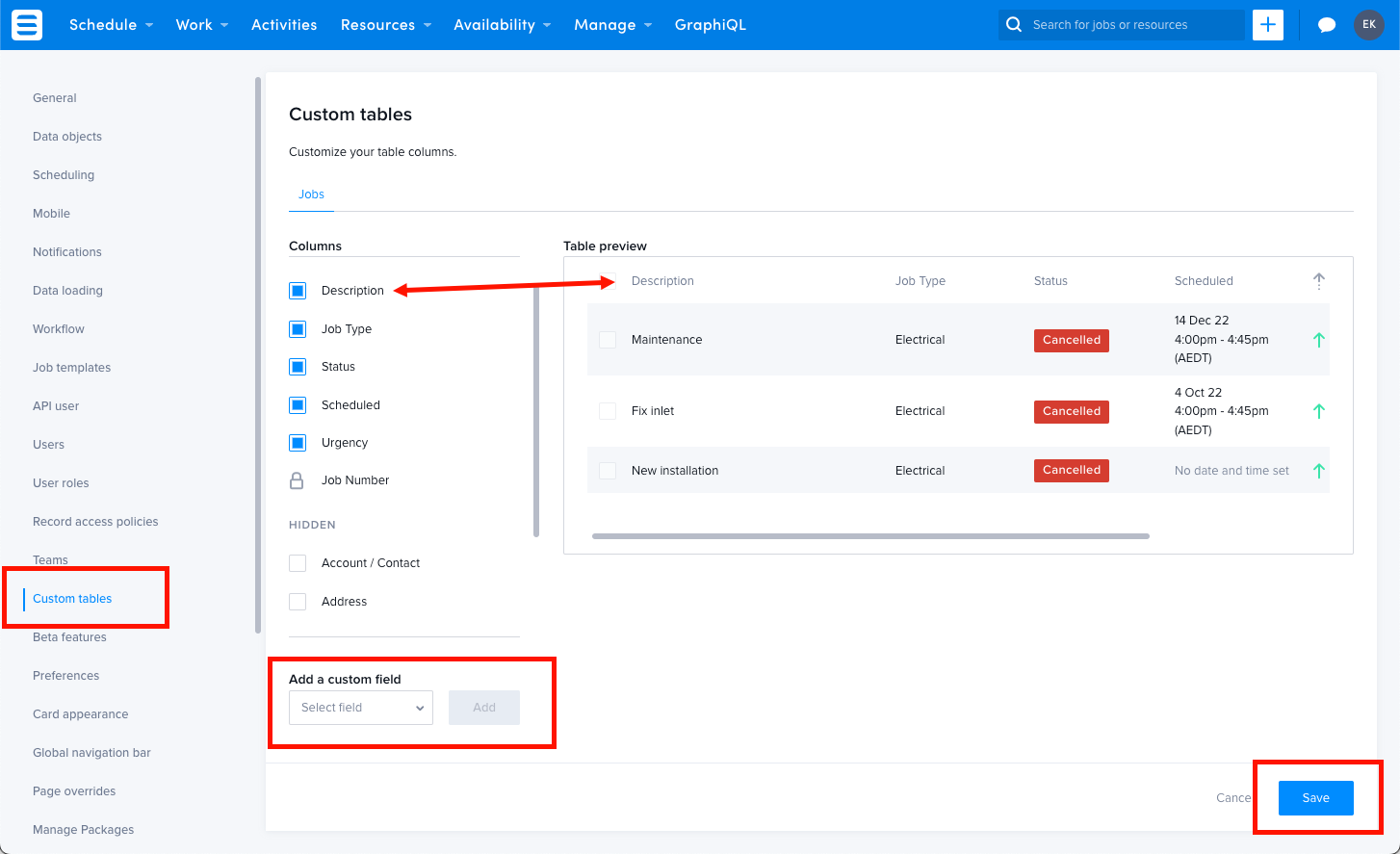 Screenshot of the Custom tables settings screen