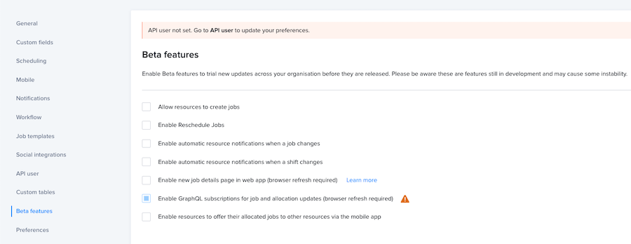 Screenshot of the settings option to enable GraphQL subscriptions