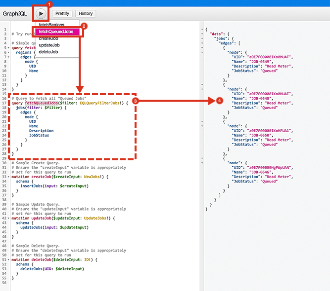 Using GraphiQL to query for queued jobs using the Skedulo APIs.