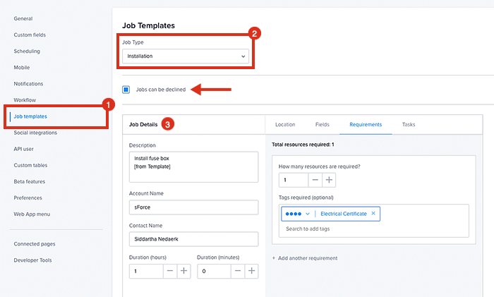 A job template for a job type in the admin settings