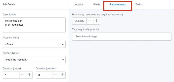 The requirements field options of the job template settings.