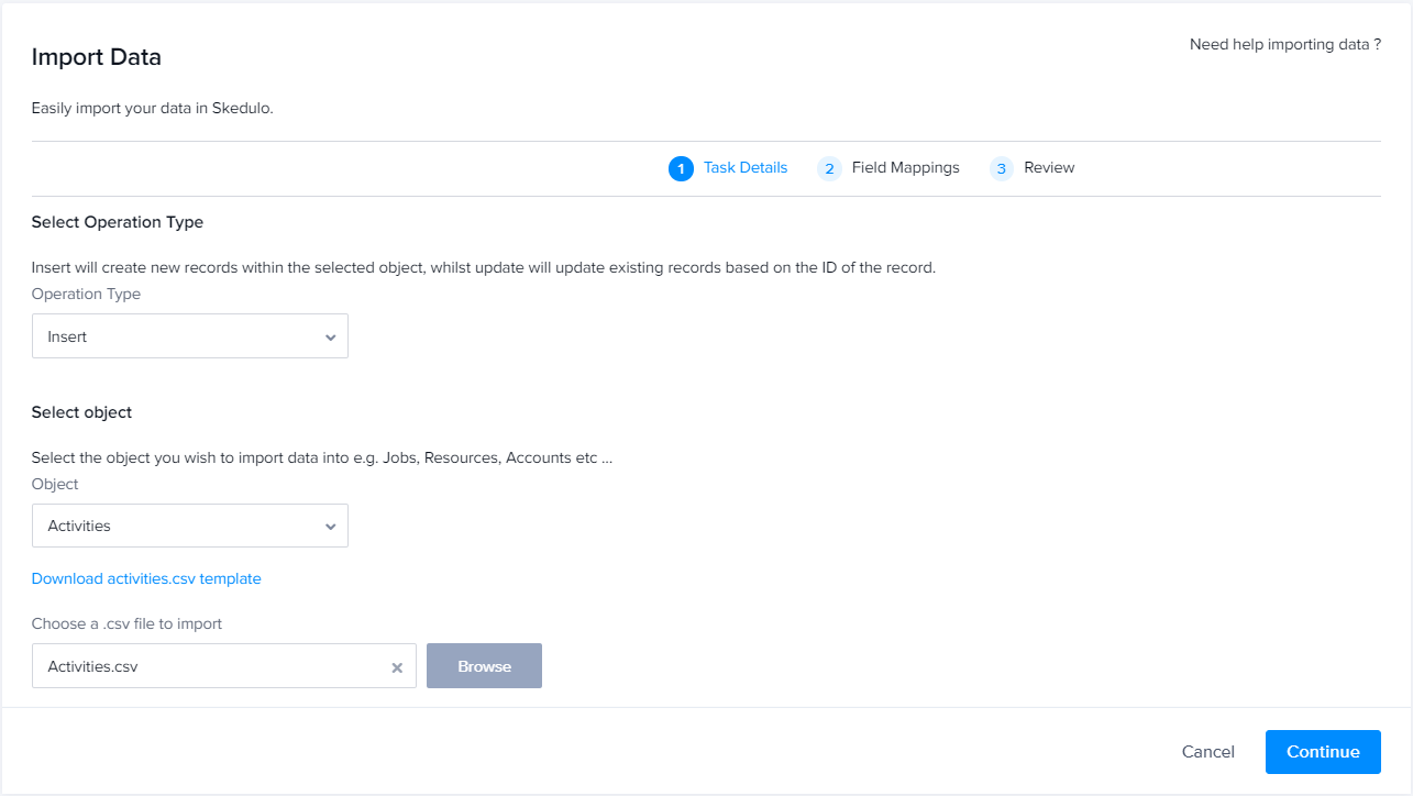 The Task details stage of the Import Data page.