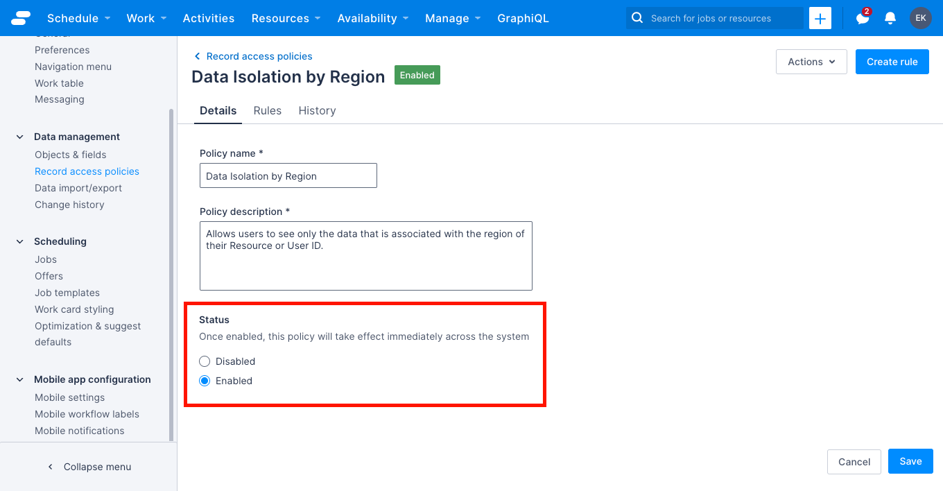 The edit policy page with enable and disable options highlighted