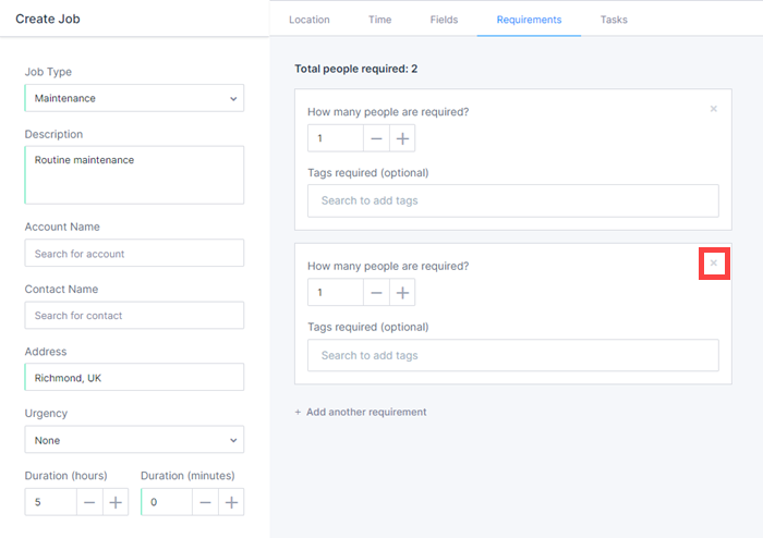 The location of the delete resource requirement button on the create job page