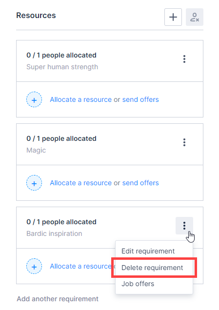 The location of the delete resource requirement button on the work details page