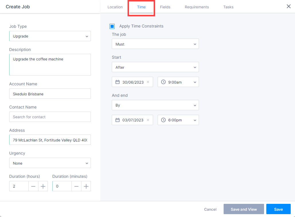 The time constraint fields in the create job page.