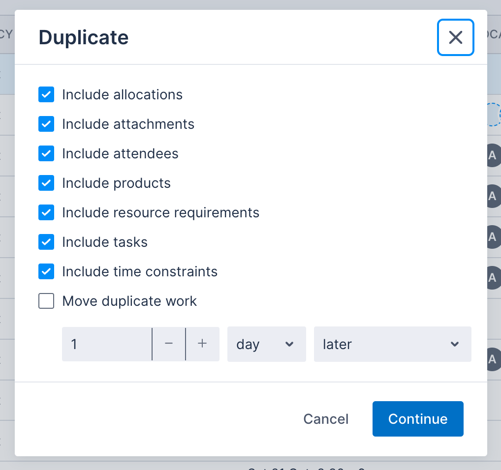 Duplication options shown in modal