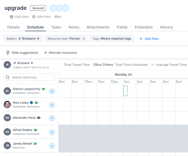 the schedule tab of the work details page