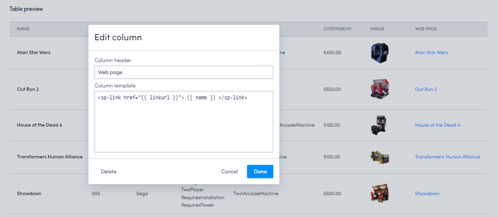 edit column modal with hyperlink example