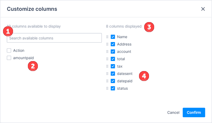 The Columns menu with the columns option highlighted and numbered callouts.