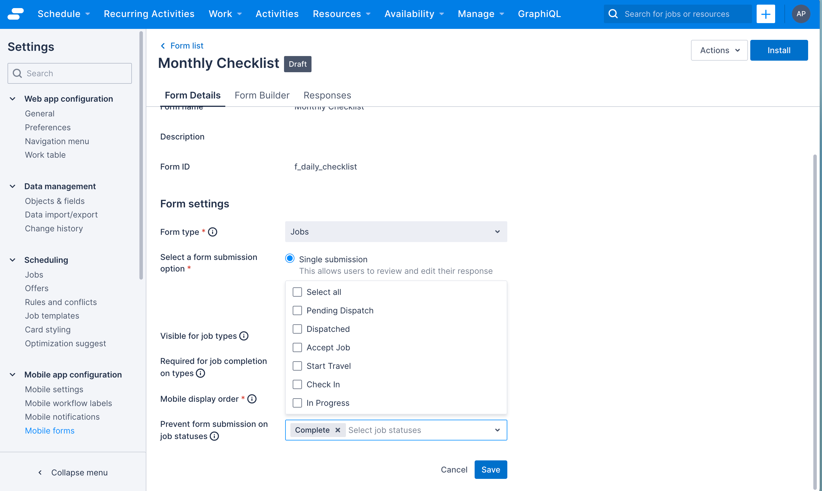 Form settings - select form submission option