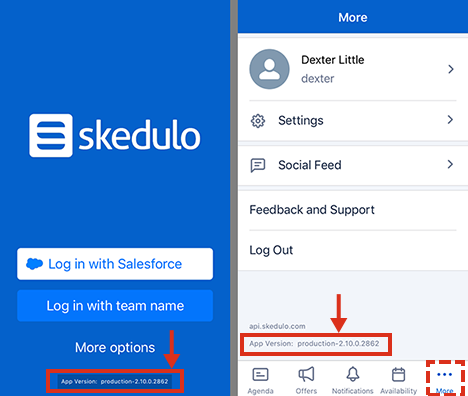 The two locations of the Skedulo v2 mobile app version number.