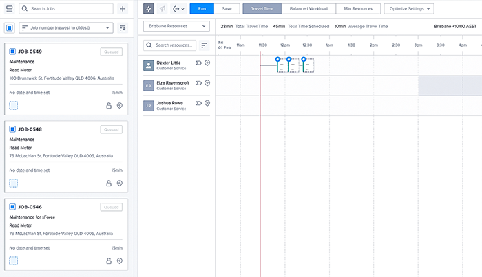 Three selected jobs (from the job list), optimized and placed in the swimlane.