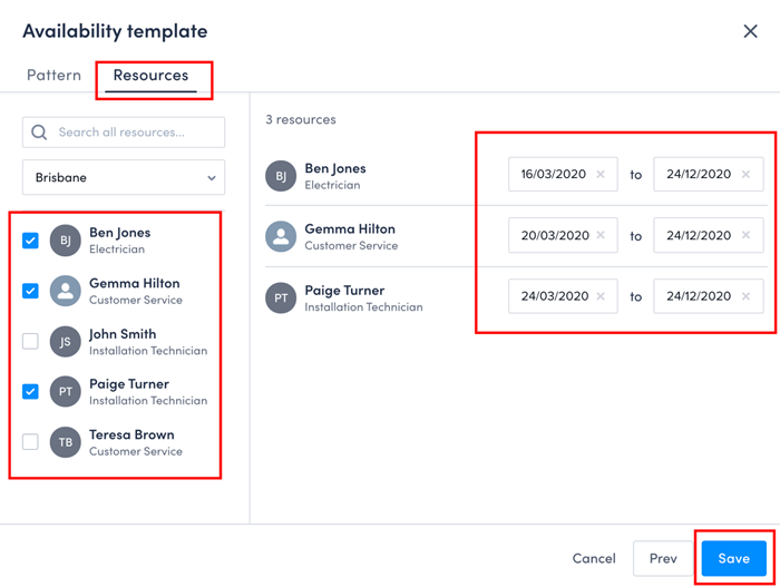 selecting the start date for the pattern for each resource