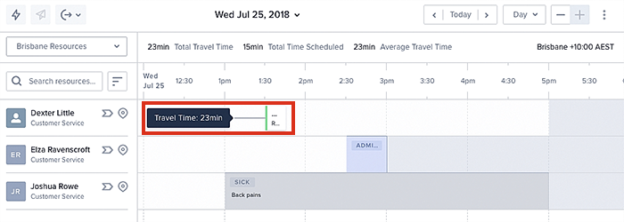 The swimlane showing a job with an estimated travel time of 23 minutes.