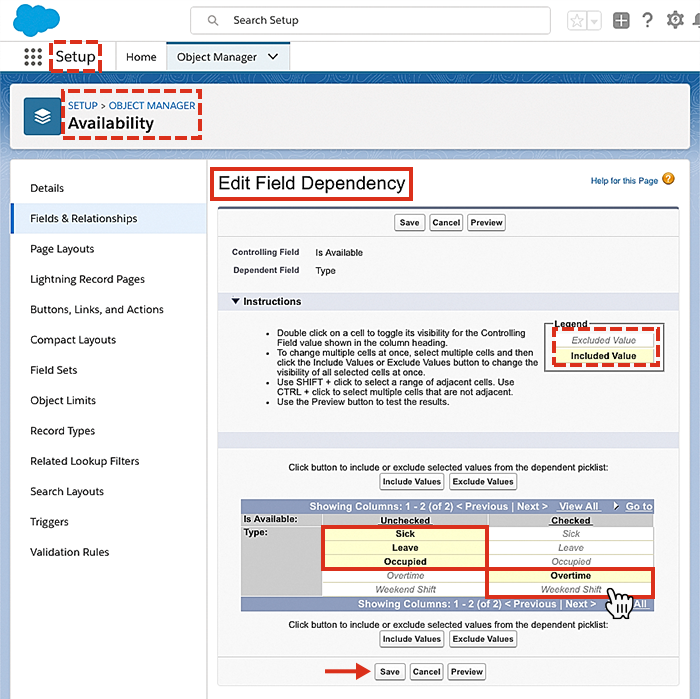 An example showing the field dependency table being configured.