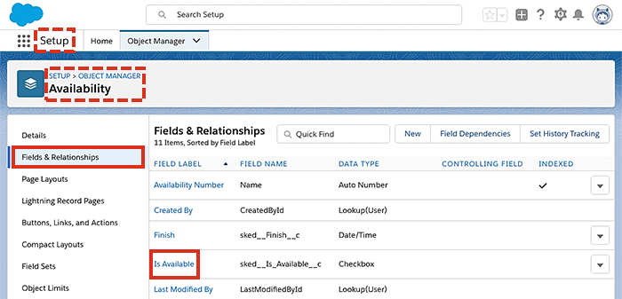 Locating the Is Available field in the object manager.