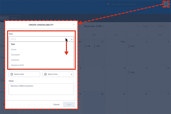 Viewing availability types in the create unavailability modal in the Skedulo web app