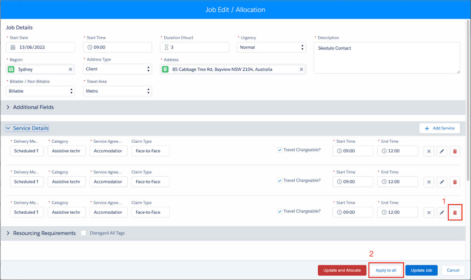 job edit allocation dialog