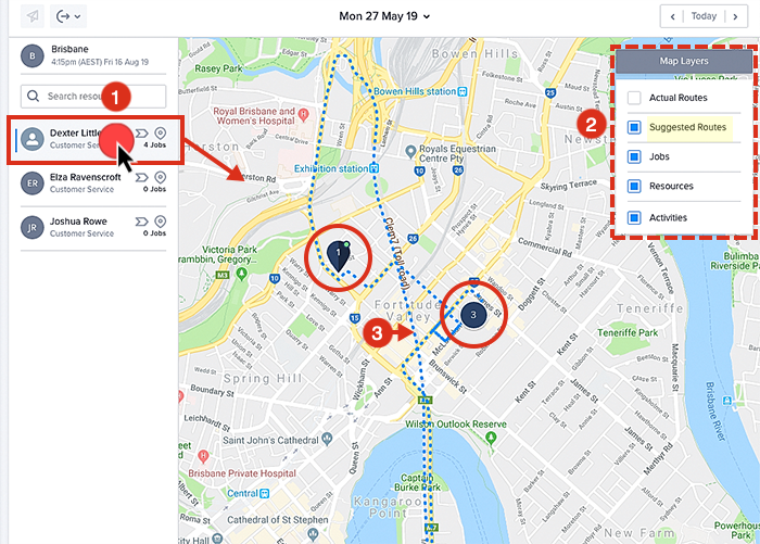 Suggested routes to a job in the map view.