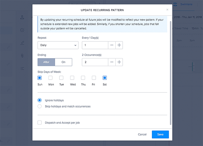 The update recurring pattern modal.