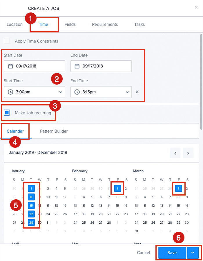 How to configure a recurring schedule for a job using the calendar.