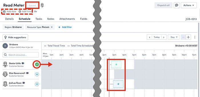 Suggested time slots for an unallocated job, on the job page. Note the time blocks are blue and green.