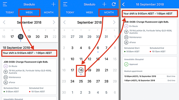 The calendar views displaying a shift.