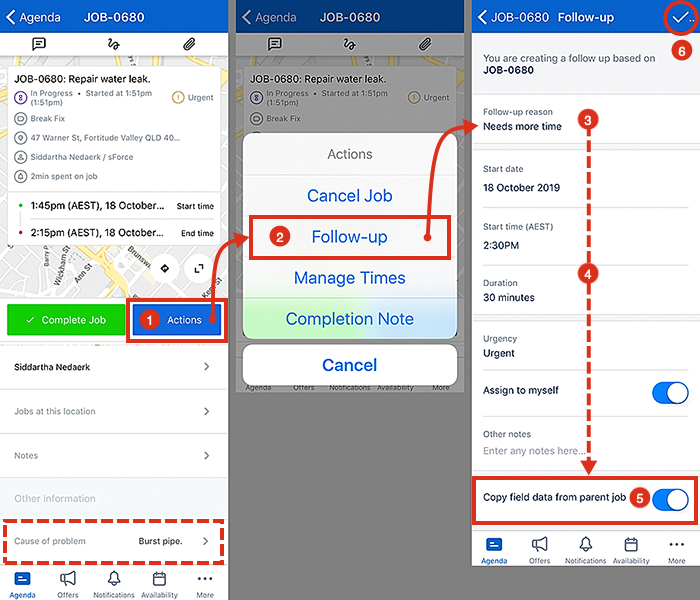 Opening the follow-up view and activating the switch to copy over custom field data.