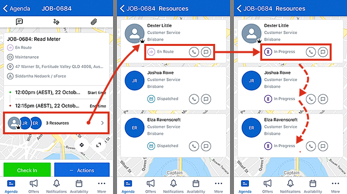 Examples showing multiple resources including a team leader, connected to a single job in Skedulo. When the team leader changes their status to in-progress, the others automatically change too.