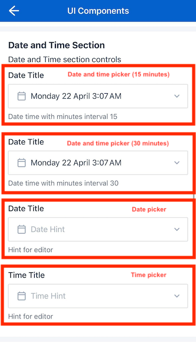 Date and time picker component tiles as they appear on a flat page. The component picker opens when users tap on the tile.