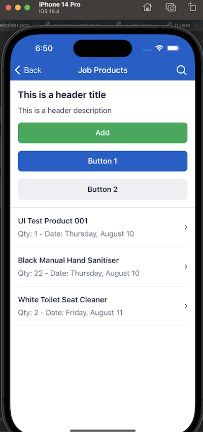 A screenshot of the Job Products mobile extension list page with a button group.