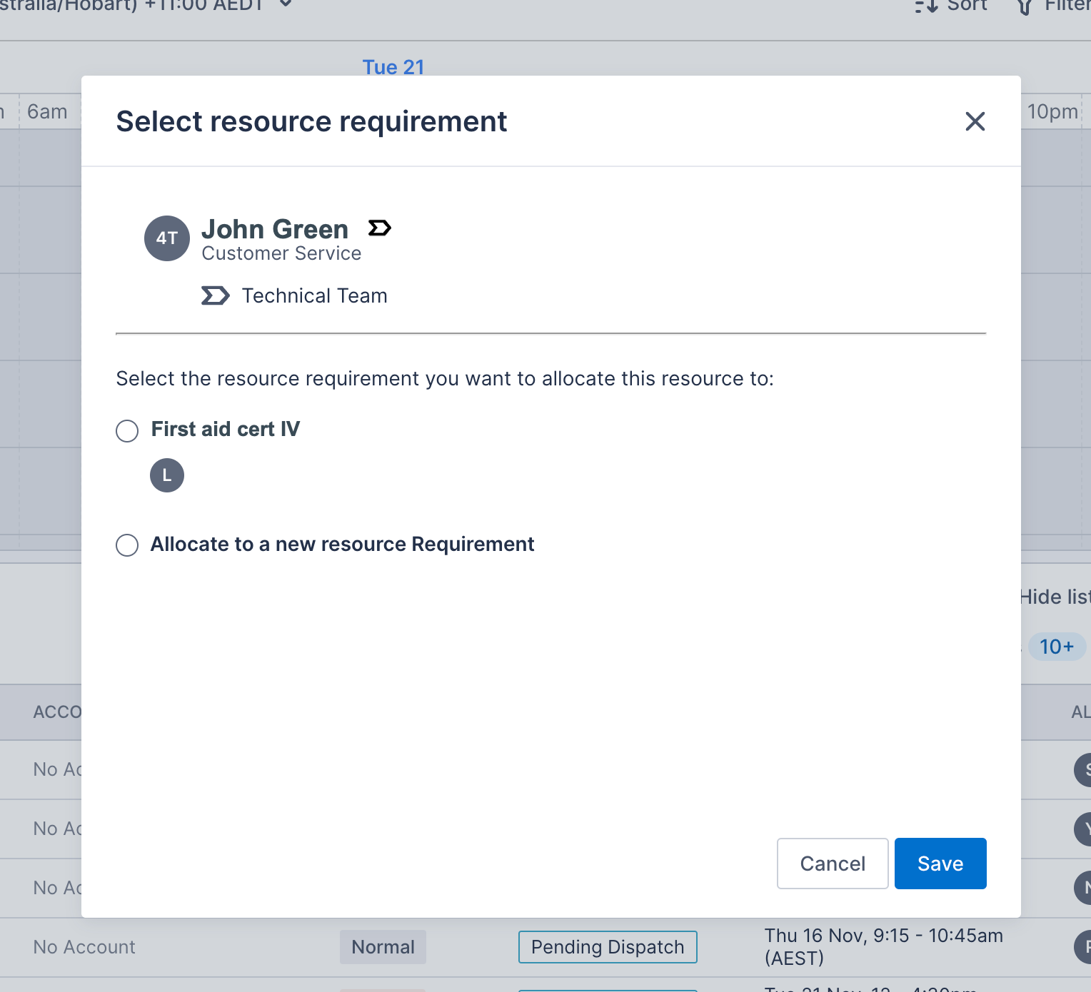 The &ldquo;Select resource requirement&rdquo; dialog to choose which requirement a resource must be allocated to