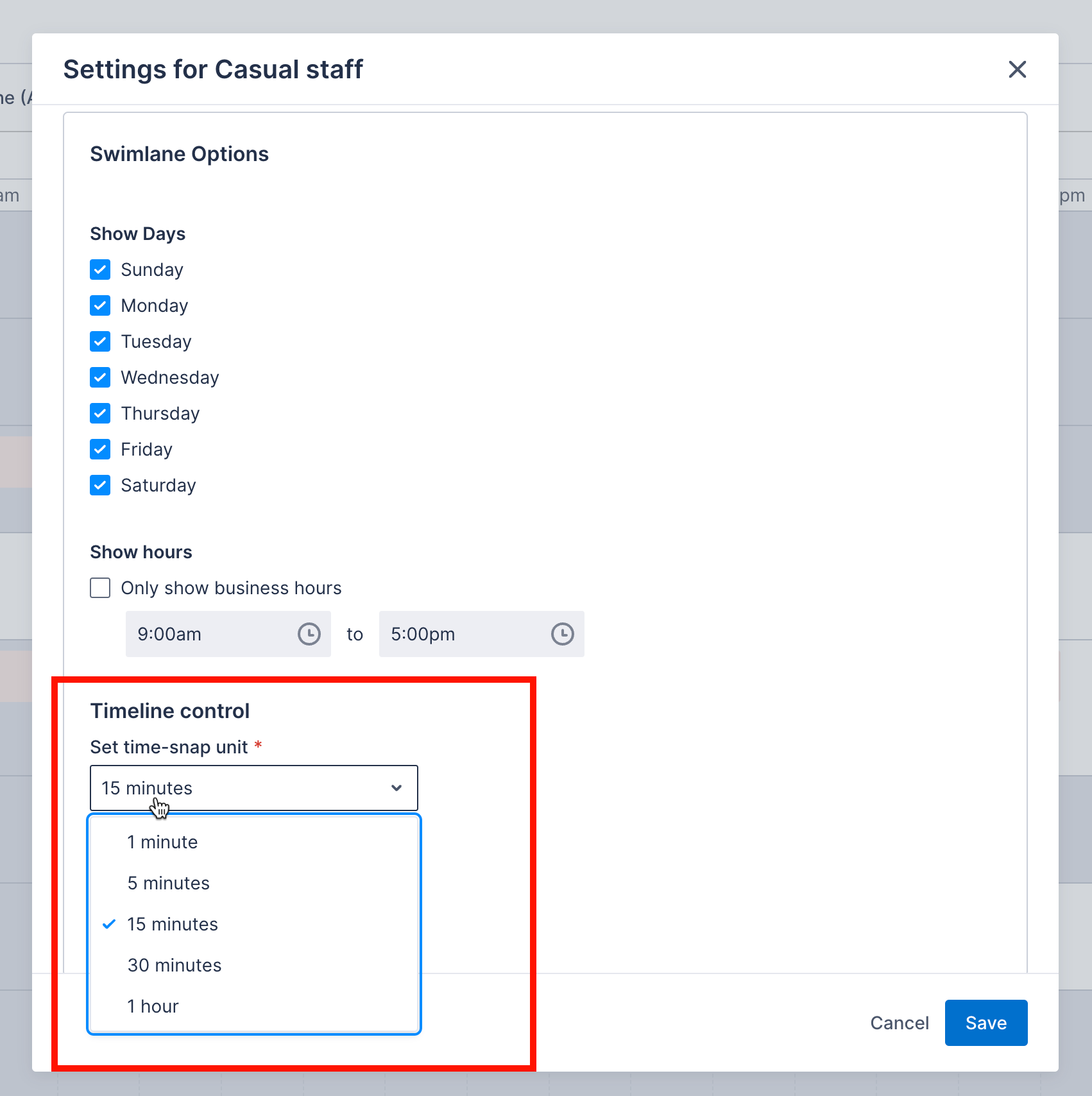 Options for changing the timeline snap unit in the swimlane.